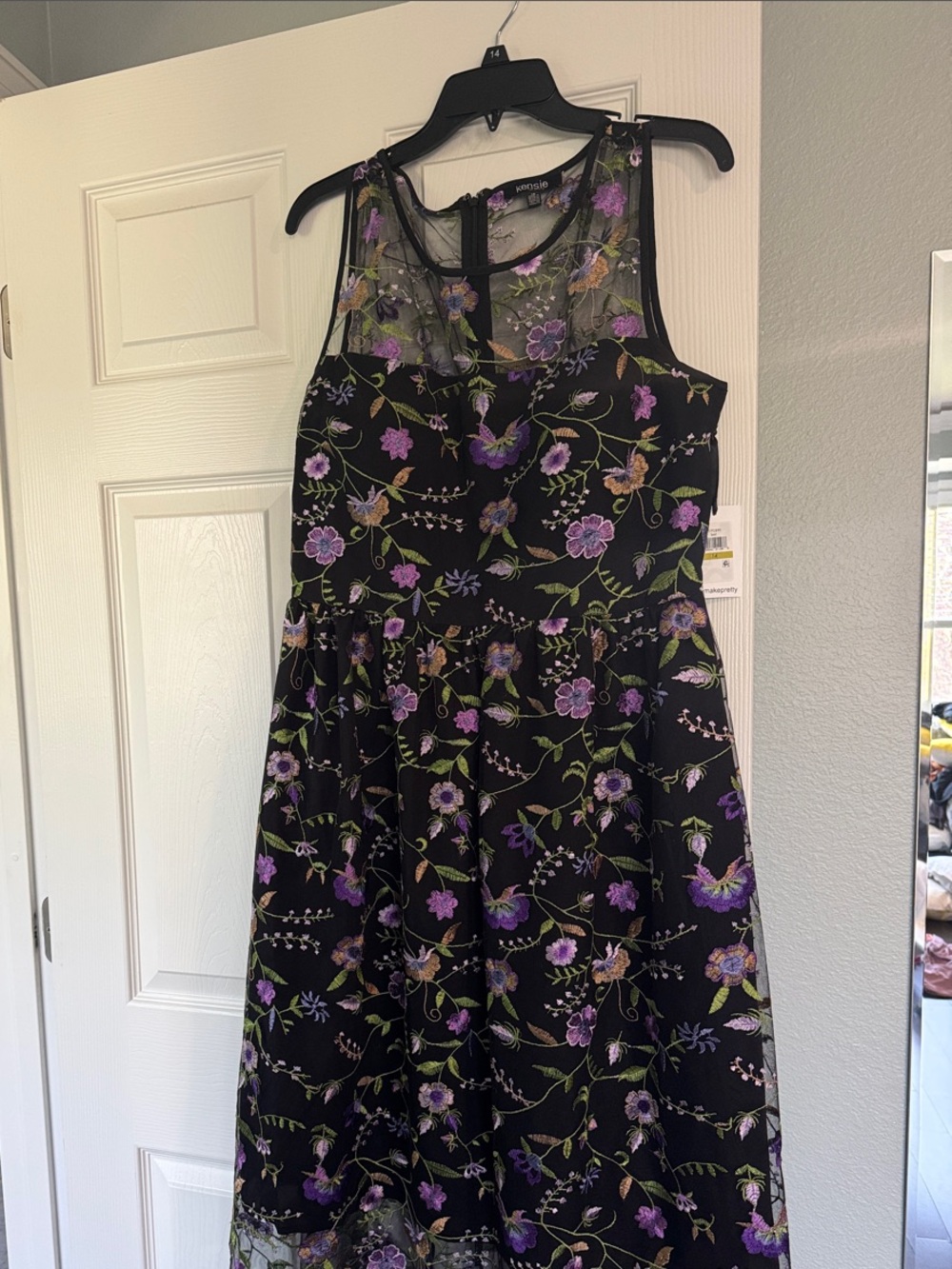Kensie Black Midi Dress with Purple and Green Floral Embroidery